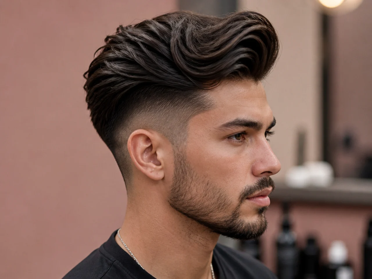Long quiff undercut with 6 to 7 inches of front length swept back over a hard-line zero-guard disconnected undercut on wavy brown hair