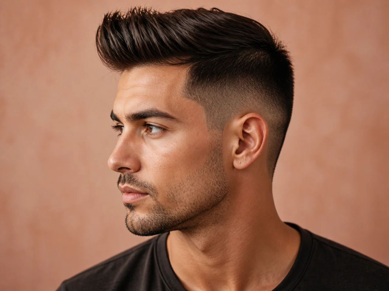 Short quiff undercut with 3 inches of top swept up and a one-guard hard-line disconnected undercut on straight brown hair