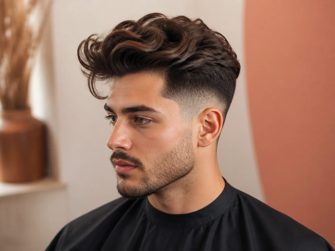 Wavy quiff undercut with natural type 2 wave in the top length and a one-guard hard-line disconnected undercut on medium wavy brown hair