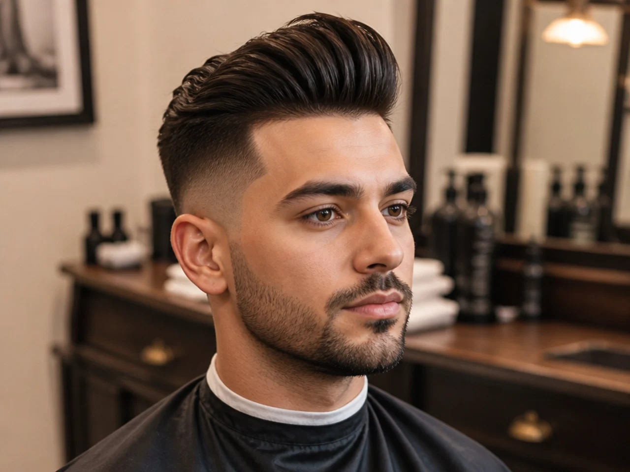 Barber consulting on a quiff undercut haircut with reference photos on a phone in a warm barbershop