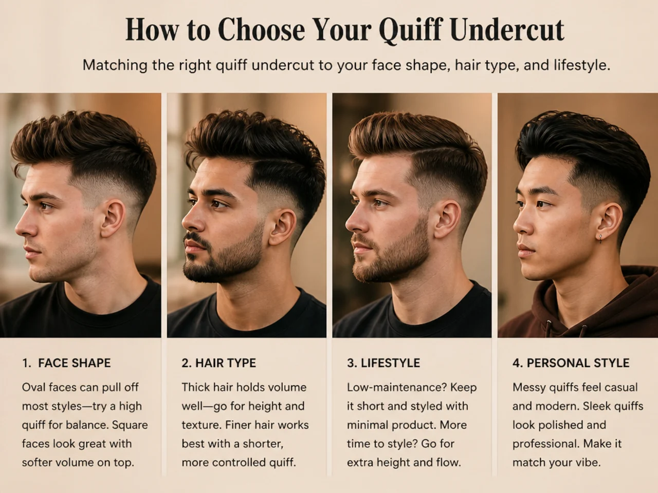 Three-quarter portrait of a quiff undercut haircut showing lifted front and hard-line disconnected sides on a young man