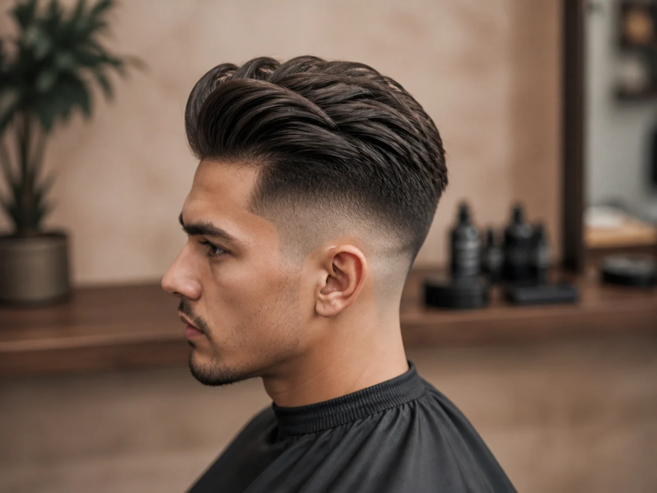 Round brush matte clay pomade sea-salt spray and comb for styling a quiff undercut haircut on a warm cream surface