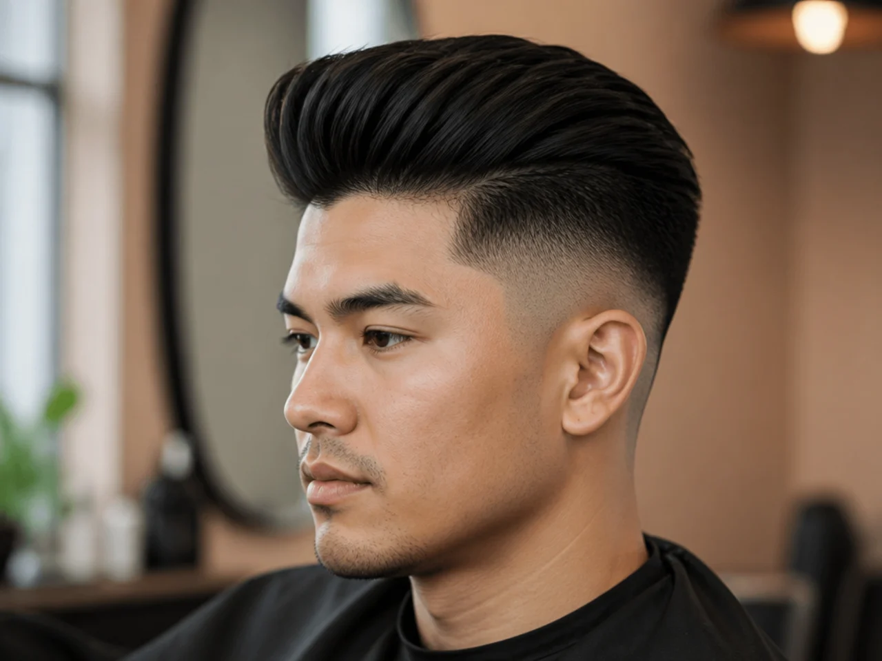 Classic quiff undercut with 5 inches of top swept up and back and hard-line one-guard disconnected undercut on straight brown hair