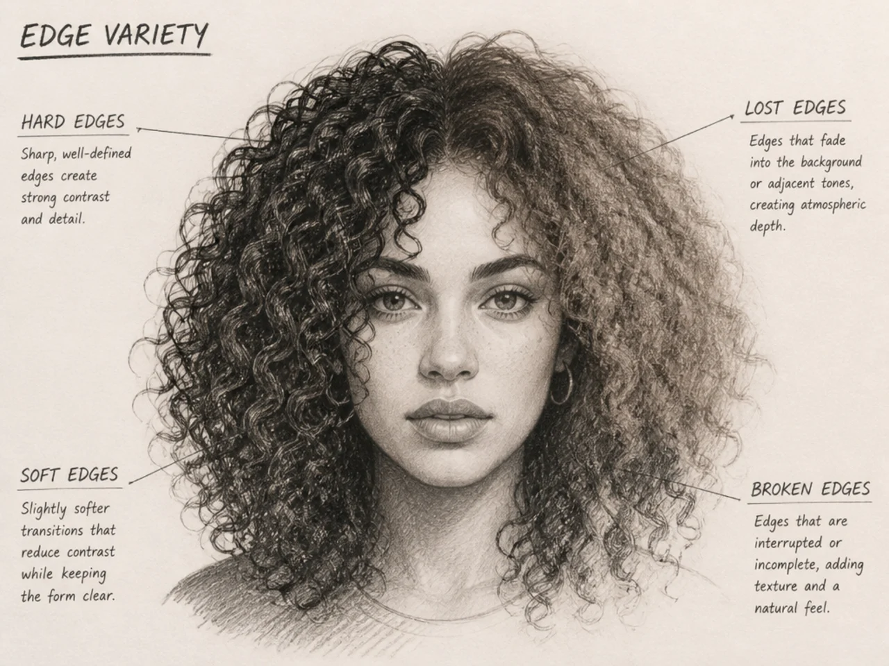 Hard, soft, lost and broken edges shown on one head of hair