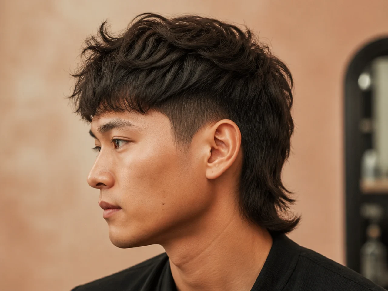 Two-block reverse mullet on a young Asian man with long top-front and hard undercut sides and back