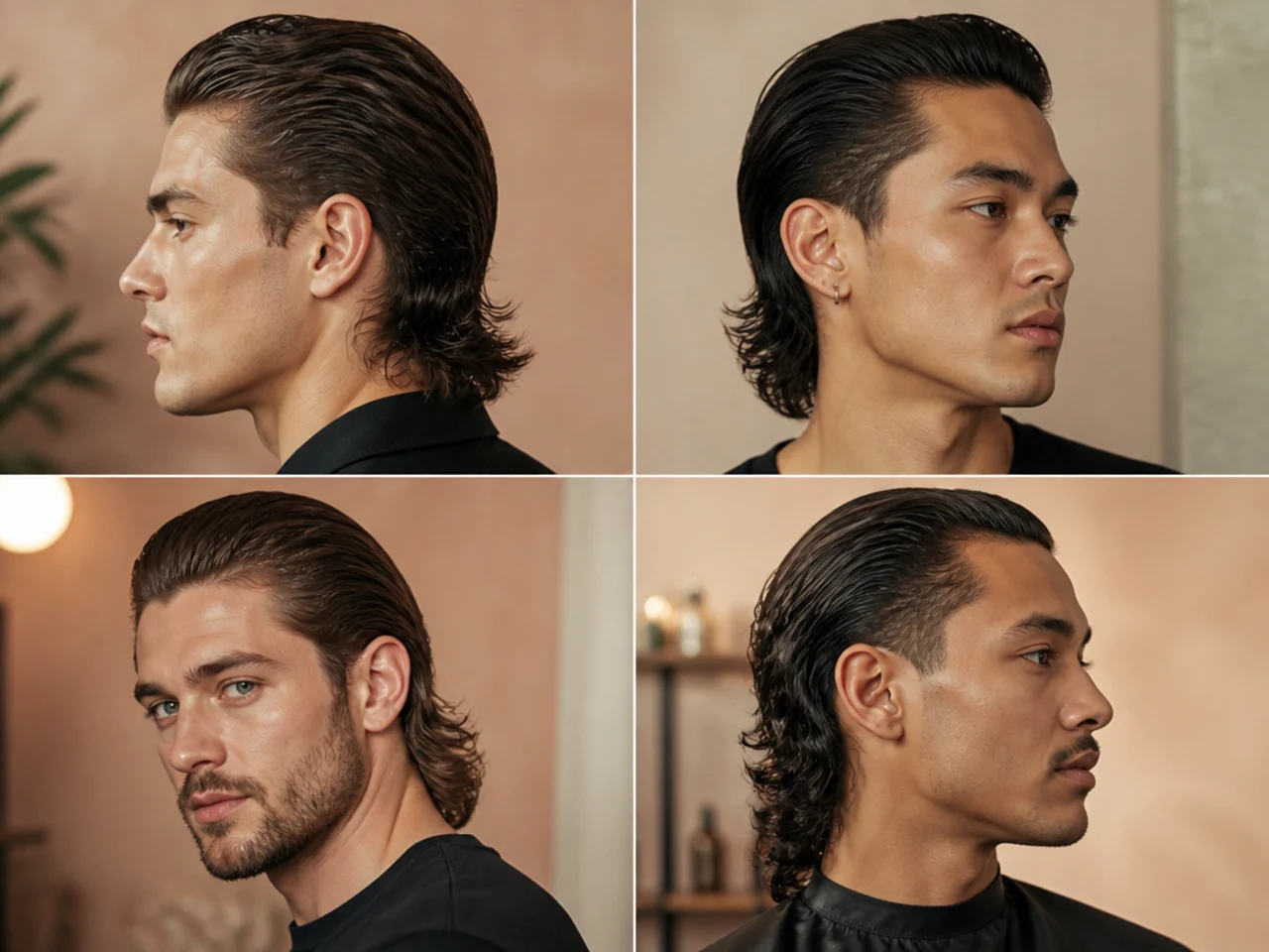 Slick-back reverse mullet with pulled-back long front and close-cropped nape