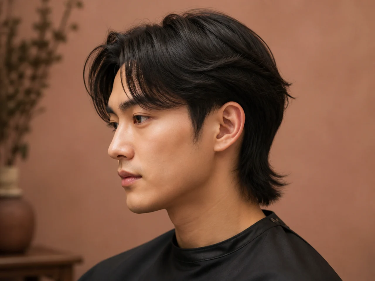 Korean-inspired reverse mullet with soft glossy layers and cropped nape