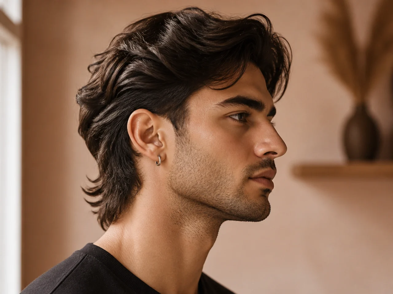 Flow reverse mullet with long swept-back movement and cropped short back