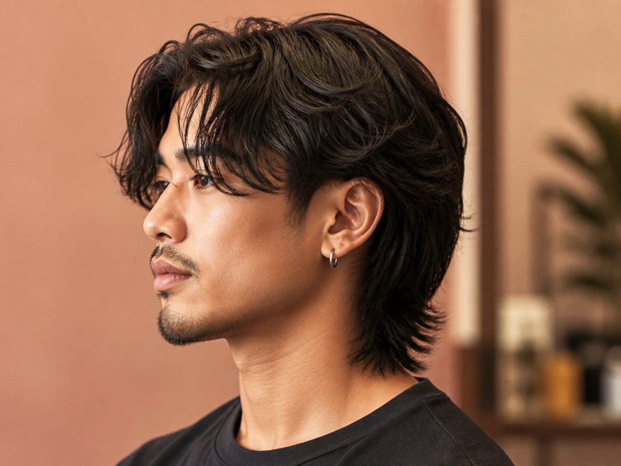 Curtain-bangs reverse mullet with center-parted flowing fringe and cropped back