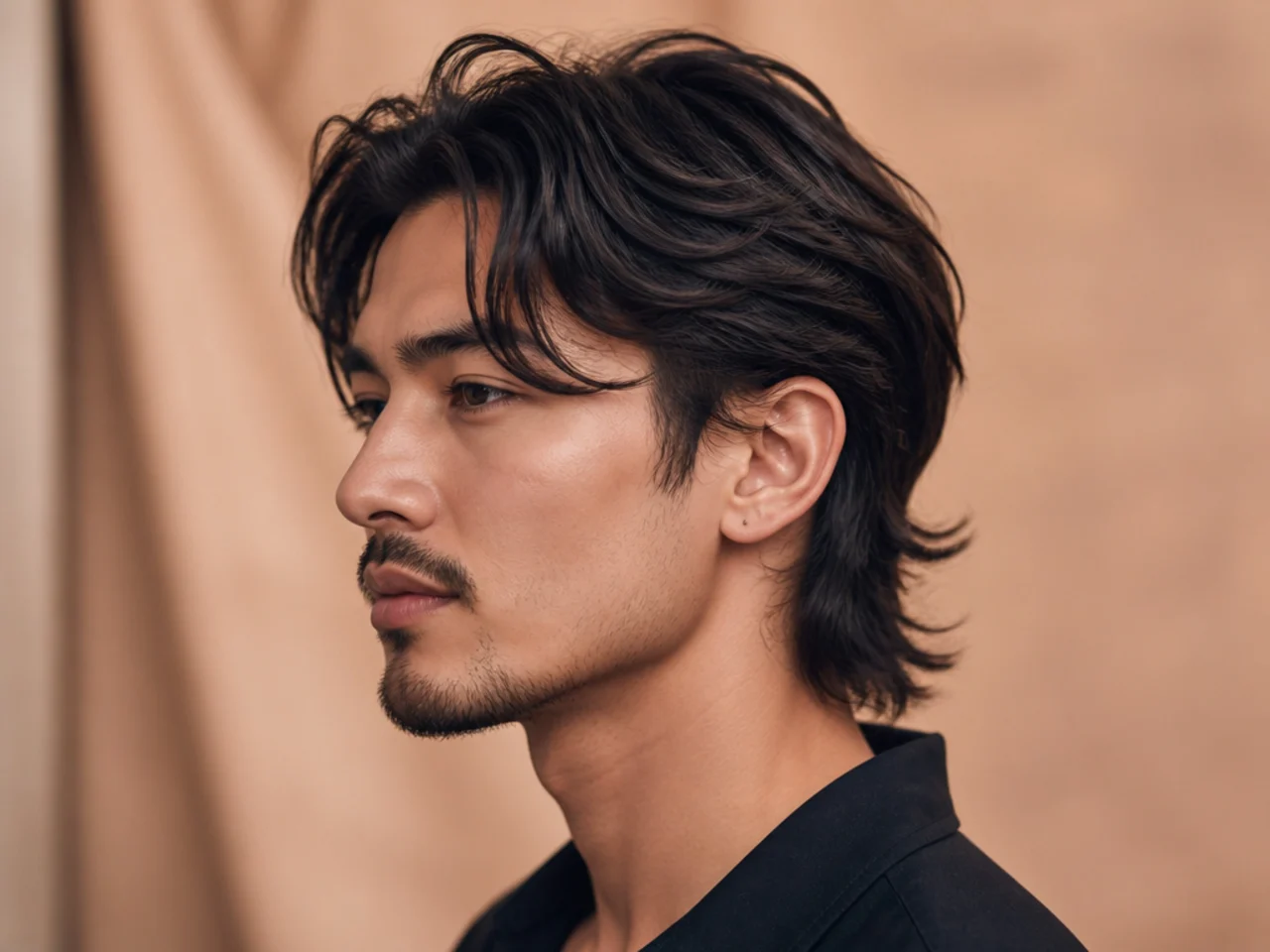 Comma-hair reverse mullet on a young Asian man with curled inward fringe and cropped nape