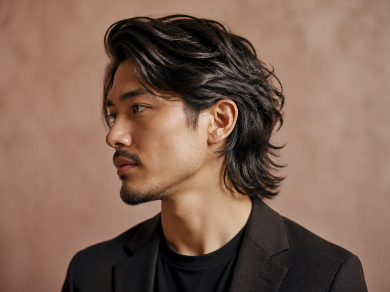 Side-swept reverse mullet with fringe swept diagonally across the forehead and cropped back