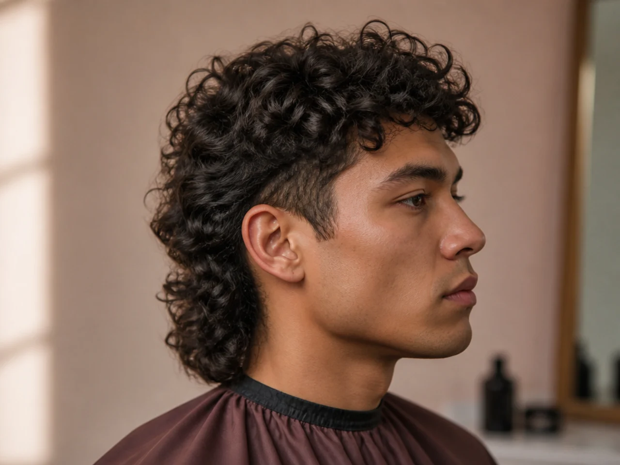 Curly reverse mullet on a man with type 3 curls falling forward and tapered back