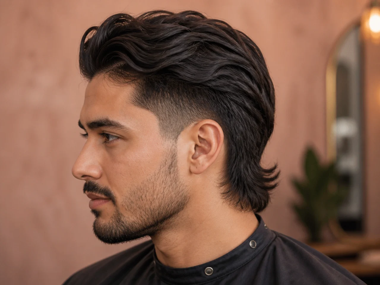 Barber and client discussing reverse mullet reference photos in a modern barbershop