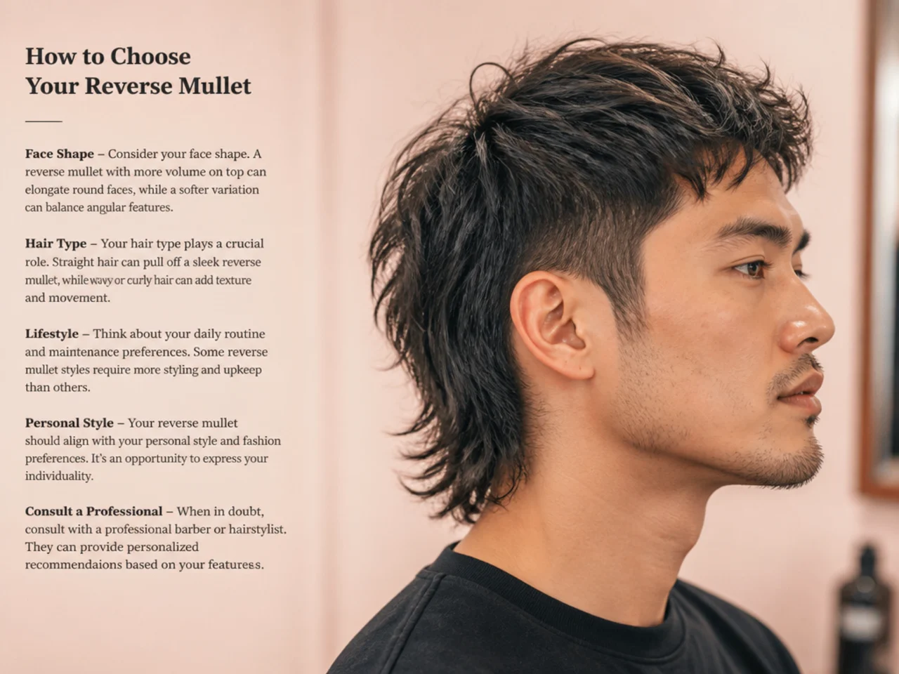 Side-by-side triptych of three reverse mullet variations on three men with different fringe styles