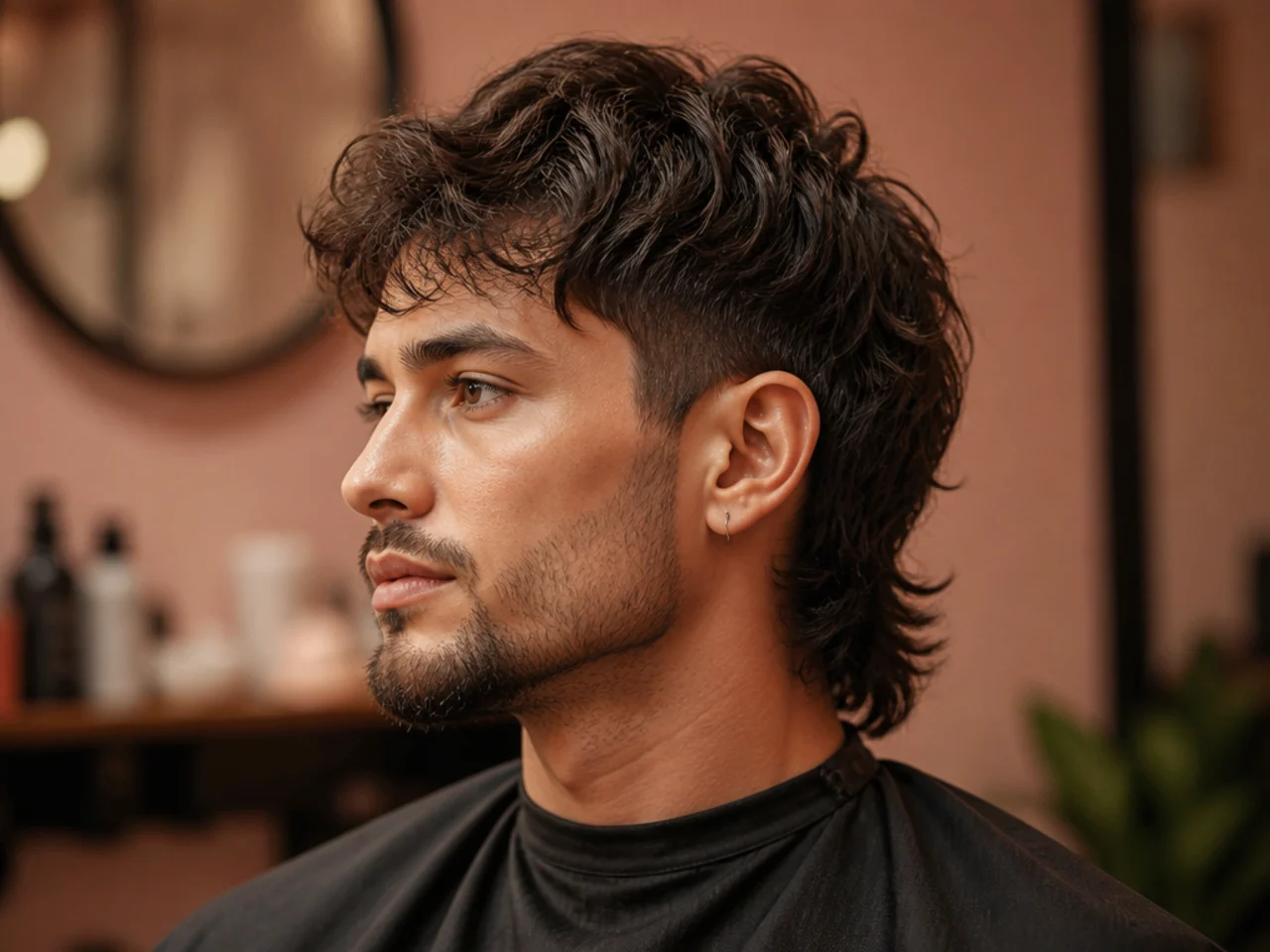 Styling products and tools for a reverse mullet — matte clay, sea-salt spray, blow dryer, round brush