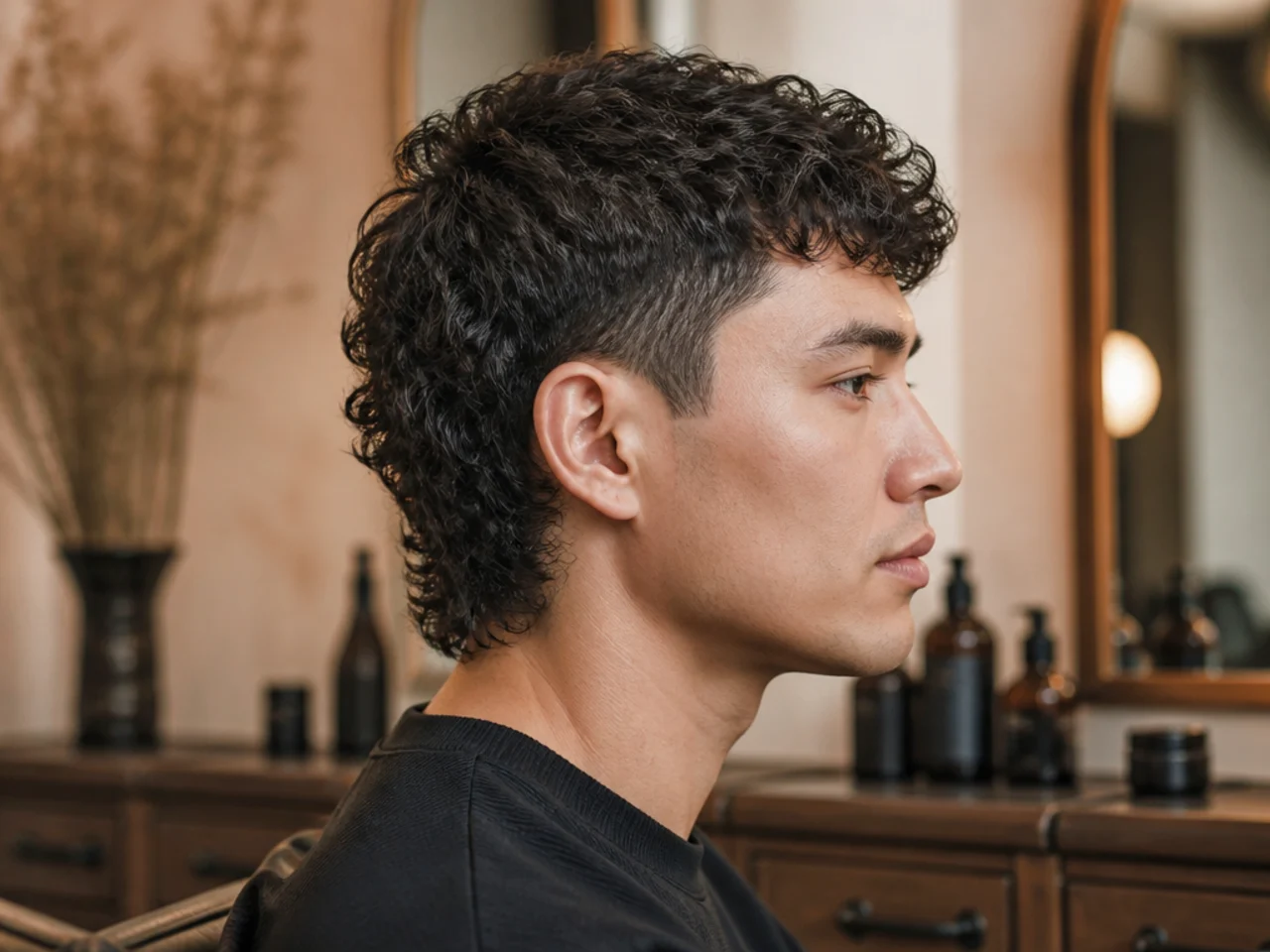 Side-profile diagram of a reverse mullet showing four-inch front fringe, cropped one-inch nape, and low taper sides