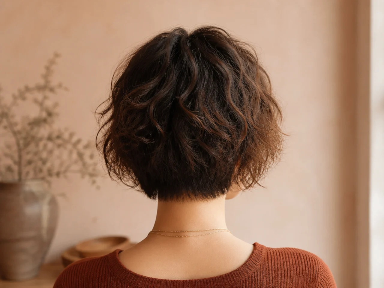 Back view of a shag bob with graduated stacking at the nape