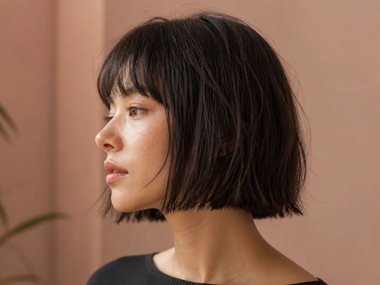 A shag bob on straight fine hair with a strong blunt outline