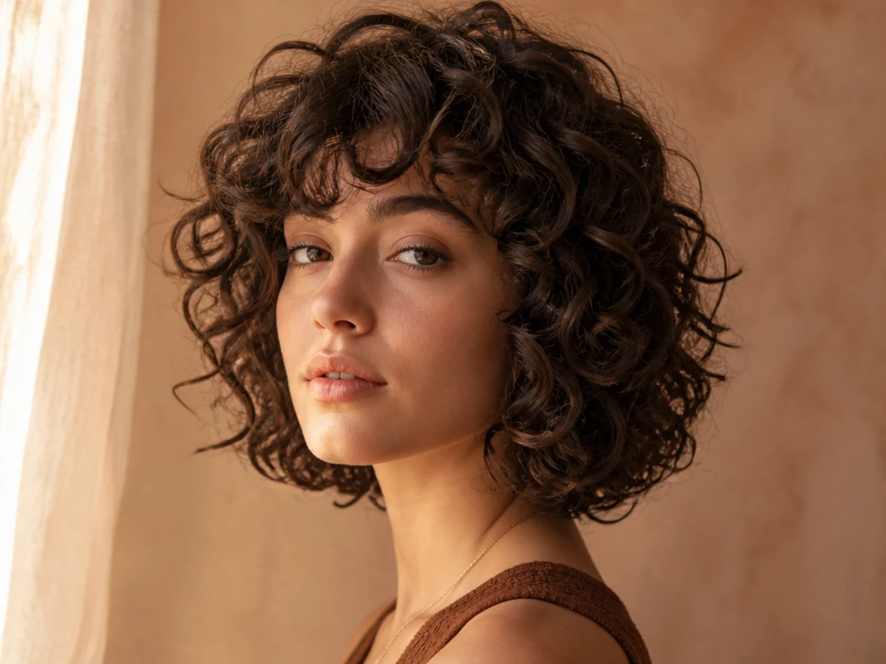 A curly shag bob with defined clumps and a rounded outline