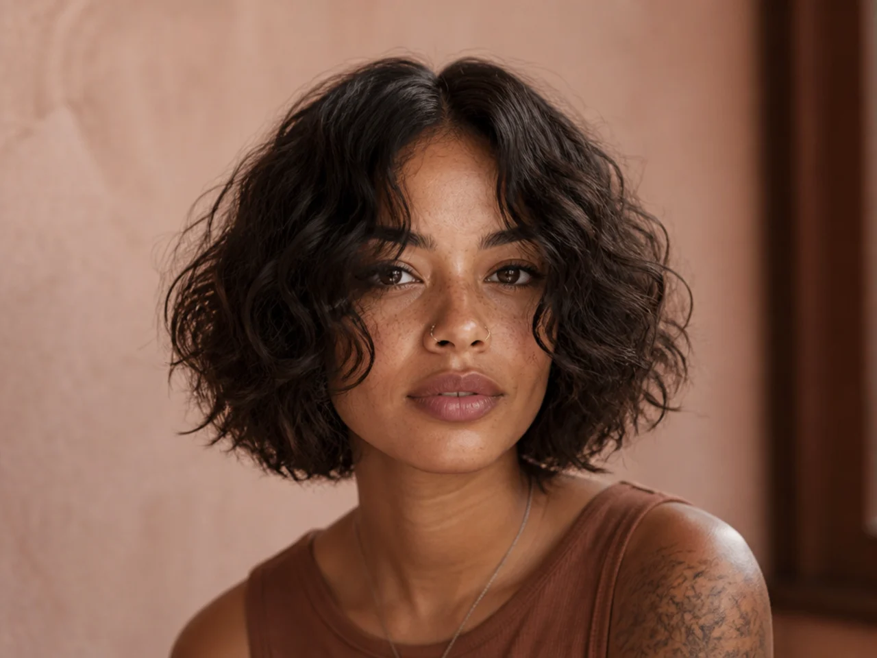 A shag bob parted down the centre with even volume on both sides