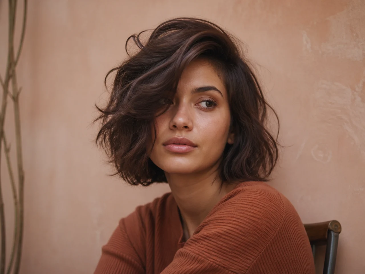 A shag bob with a deep side parting and lift on the heavy side