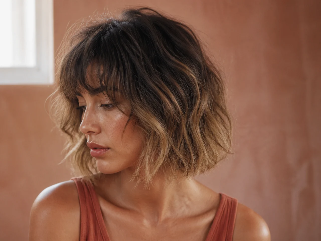 A shag bob with darker roots melting into lighter lengths
