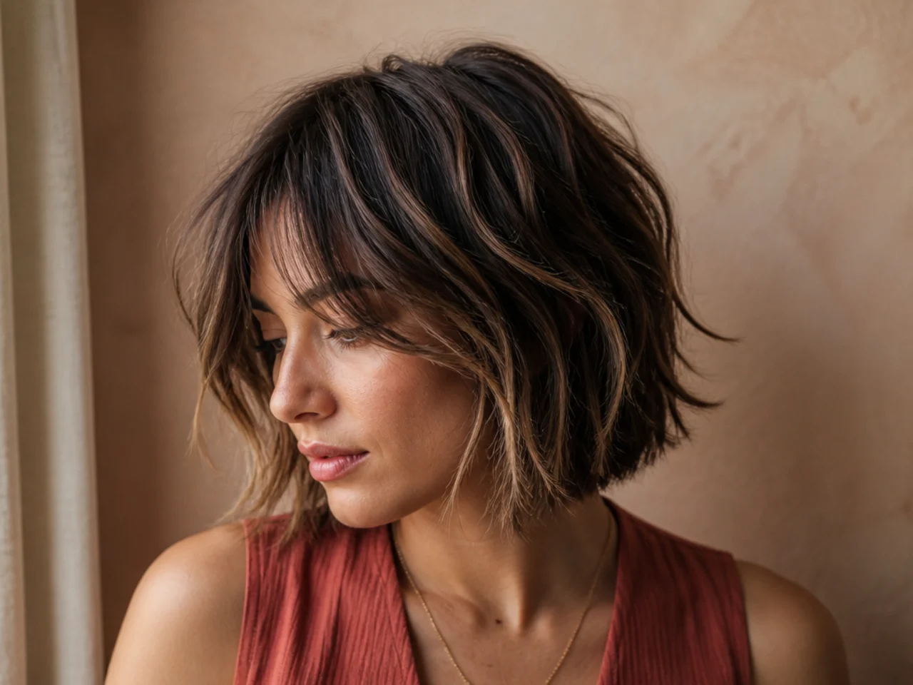 A shag bob with fine multi tonal highlights through the lengths