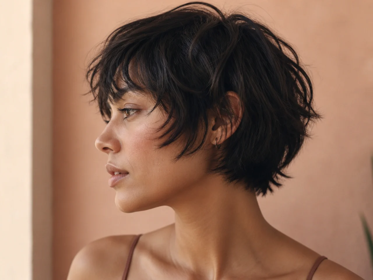 A very short shag bob finishing above the jaw
