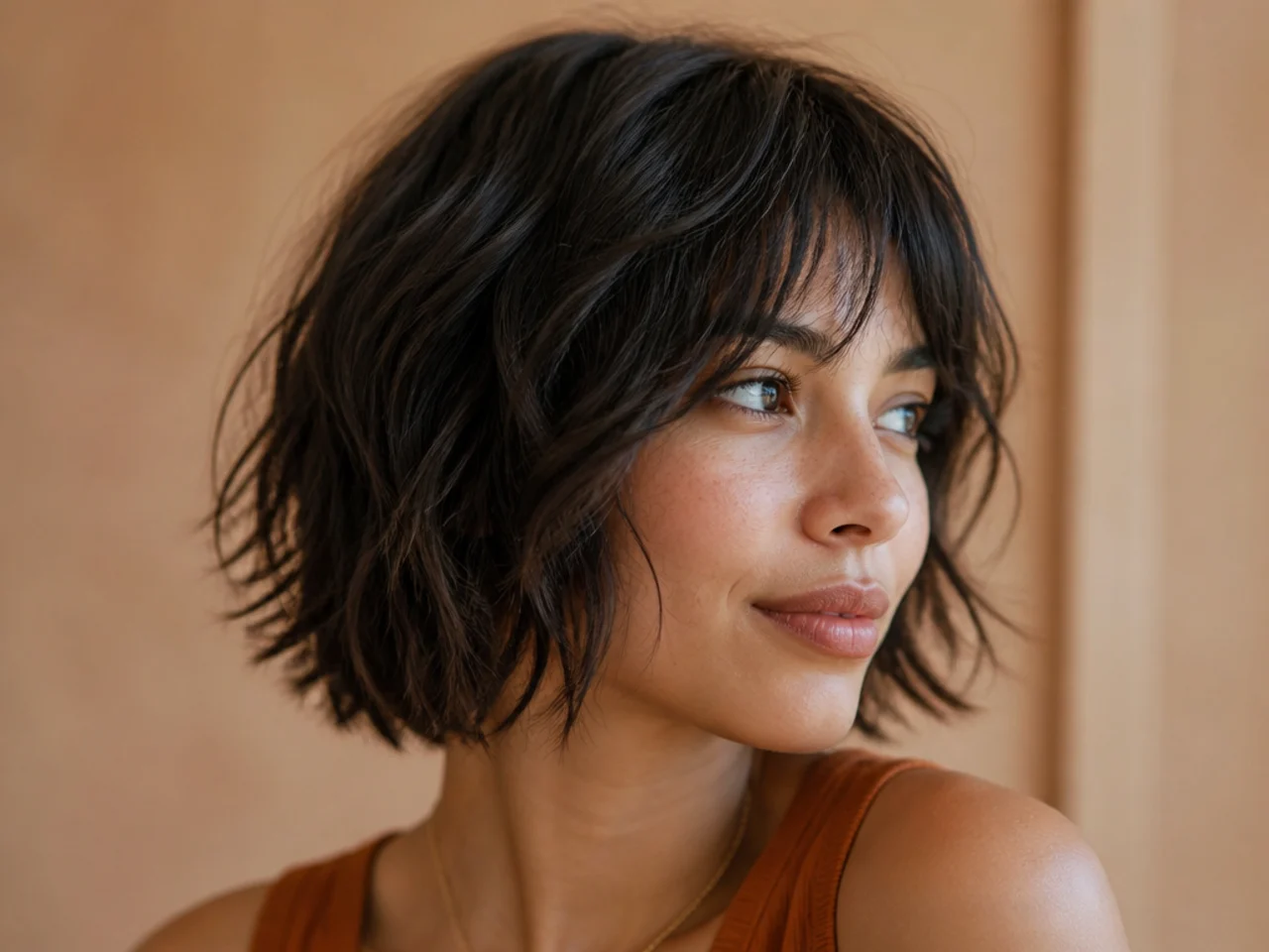 A chin length shag bob with soft movement through the ends