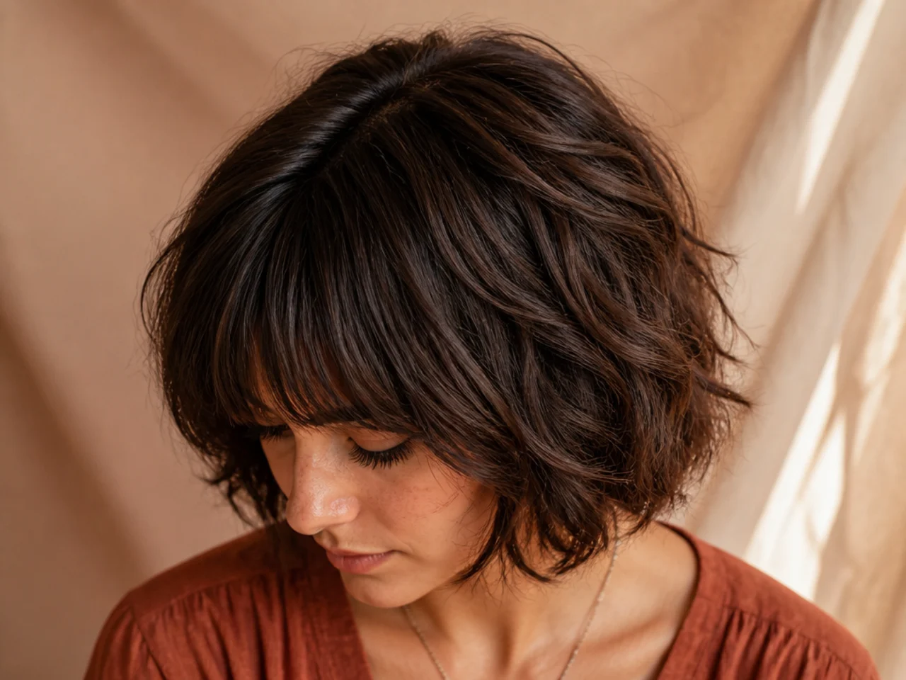 A shag bob with layering visible only through the top of the head