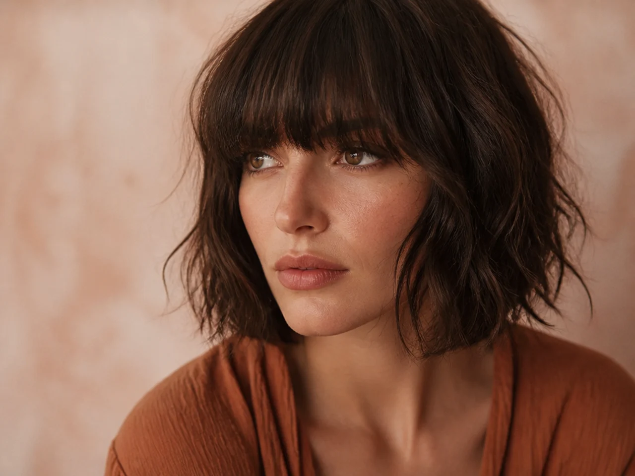 A shag bob with a heavy straight fringe across the brows