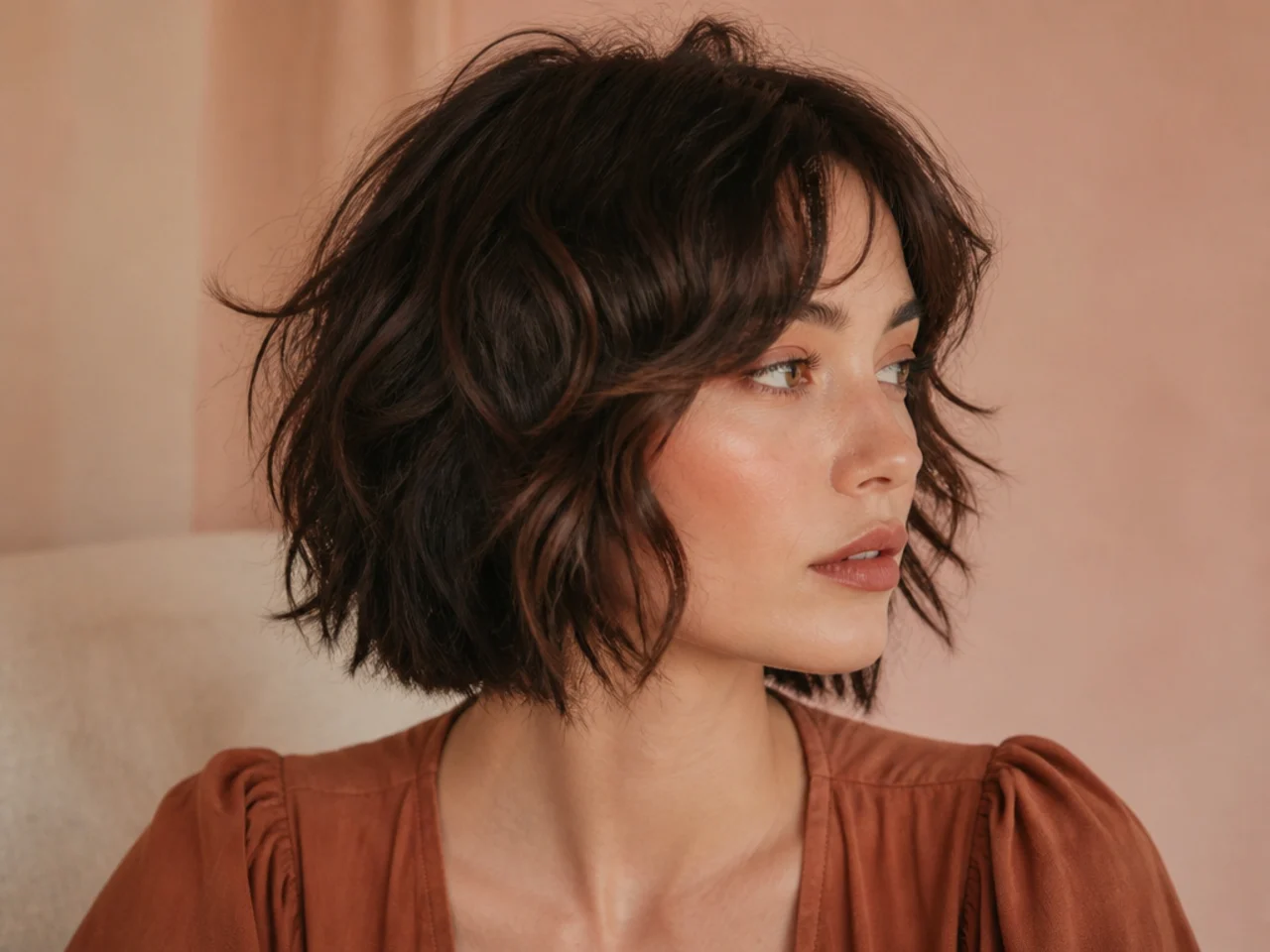 A shag bob with two shorter face framing pieces at the cheekbones