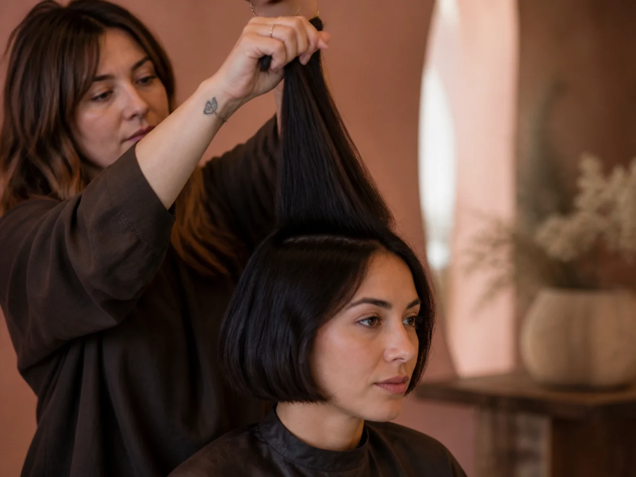A stylist holding a crown section straight up over a solid bob perimeter