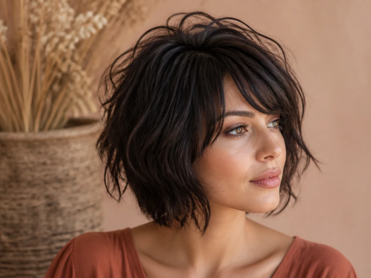 Three quarter view of a shag bob on fine hair showing crown lift and a solid line