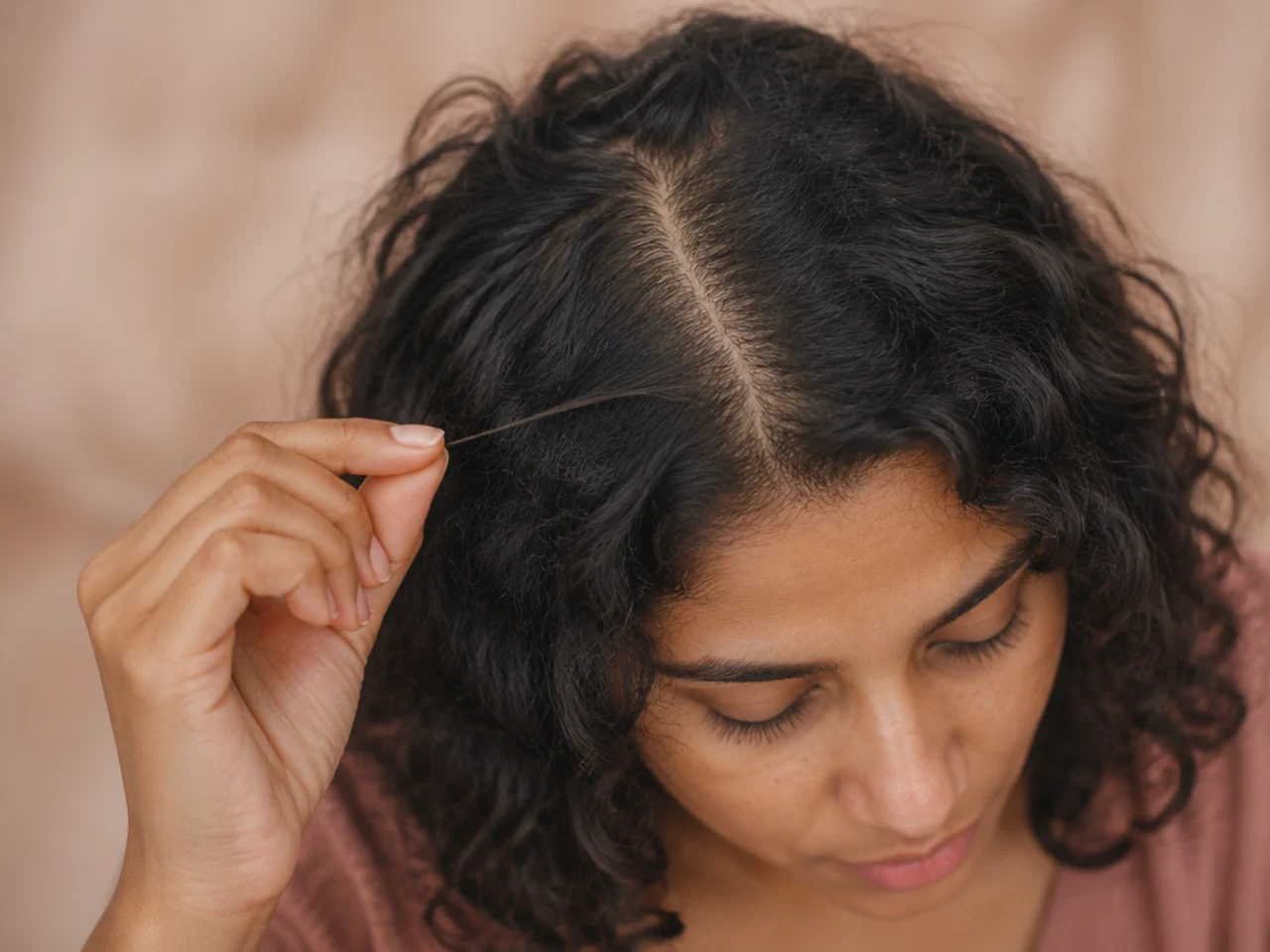 A single fine strand held against a wide sparse parting