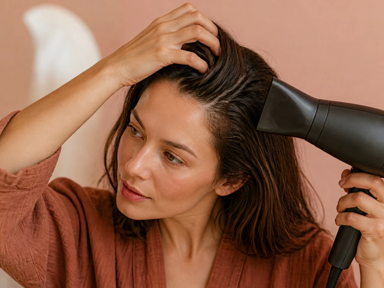 Fine hair being dried at the roots with fingers lifting against the growth