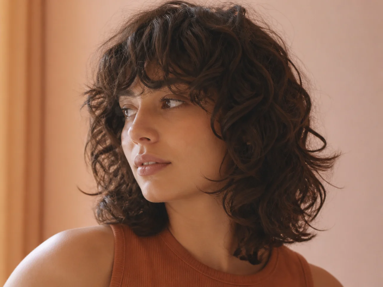 A shoulder length curly shag with the ends turning softly outward