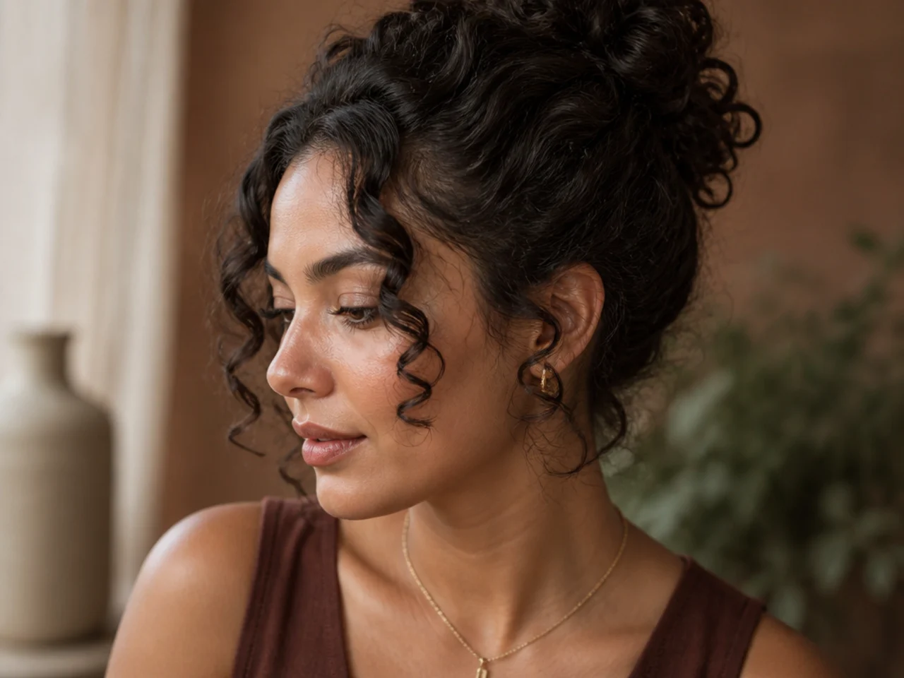 Shorter curly pieces framing the face at the temples