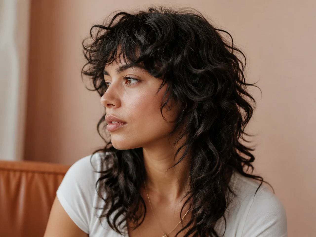 A curly shag with short crown layers and a long perimeter