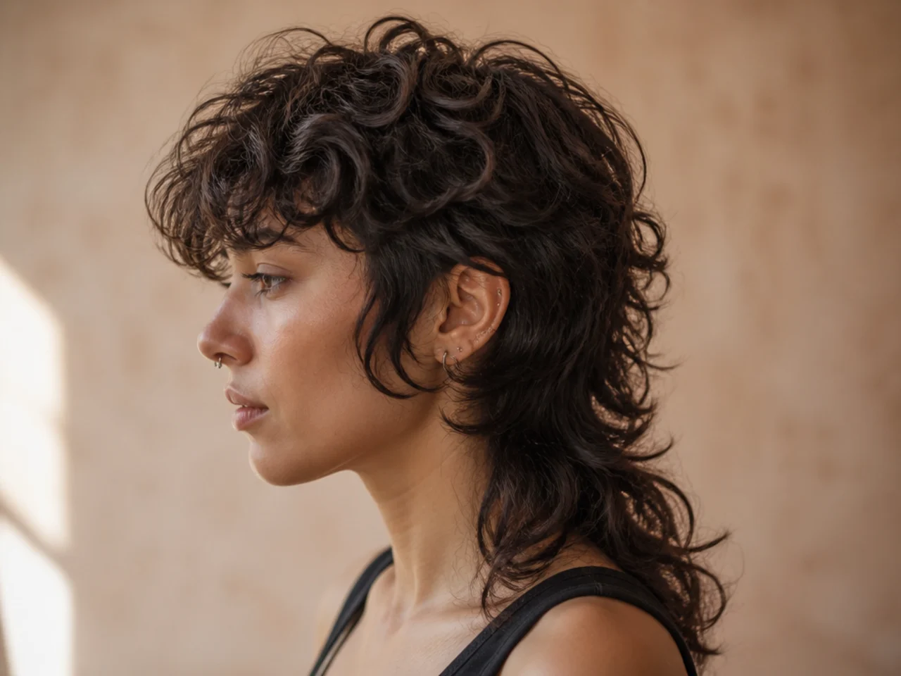 A mens curly shag mullet with weight left at the nape