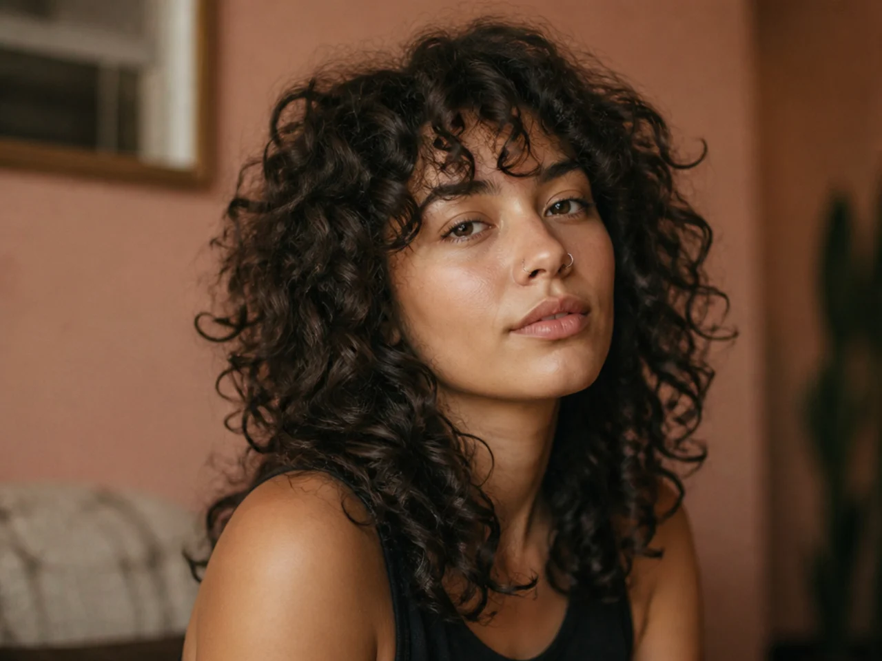 A heavily layered shag on coarse dense curly hair