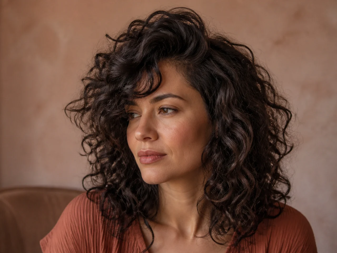 A curly shag parted deeply to one side with lifted roots
