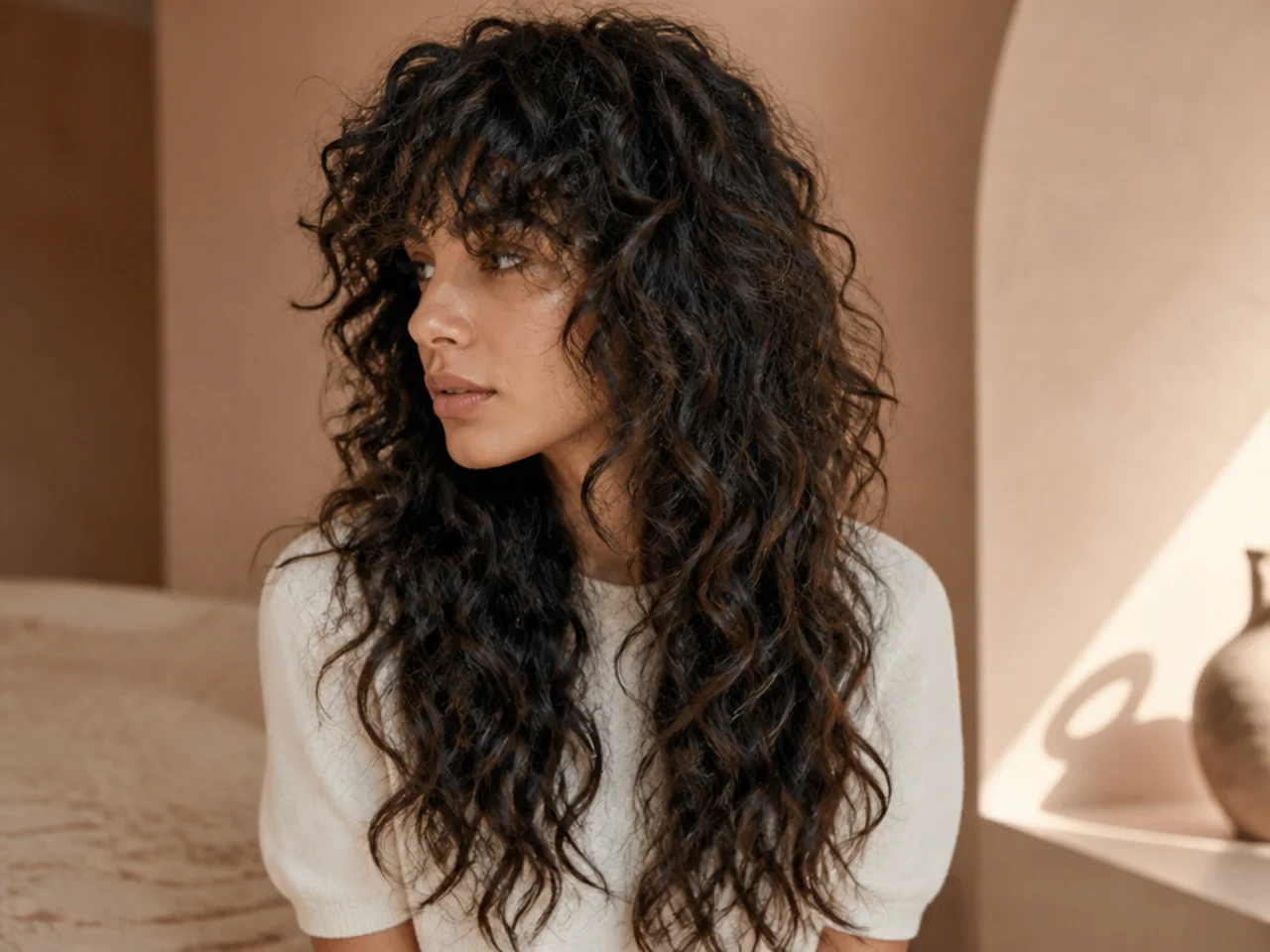 A long curly shag past the shoulders with curl kept at the roots