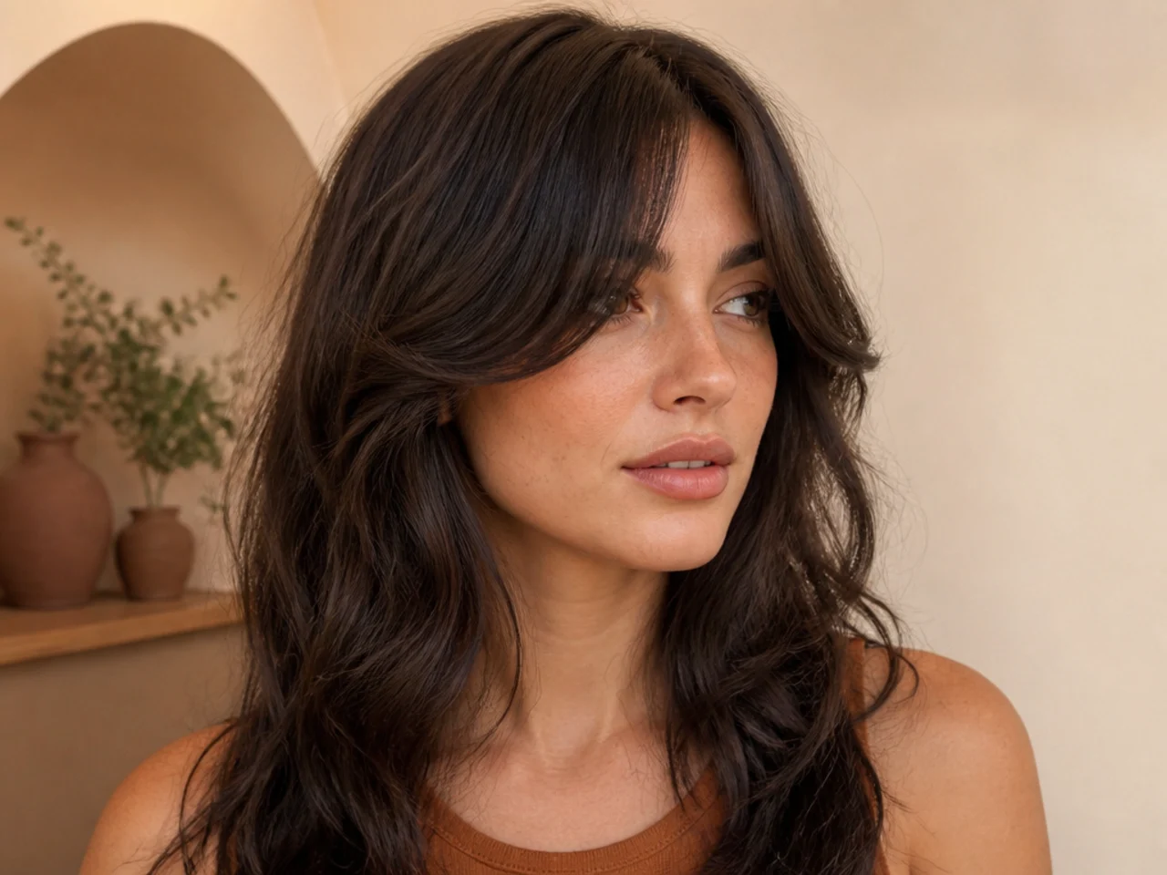 Curtain bangs waving outward at the cheekbones on 2B hair