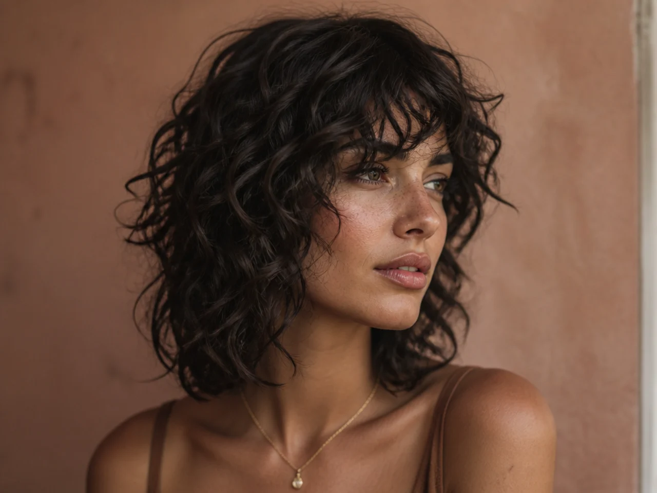 A collarbone length shag on tight 2C waves