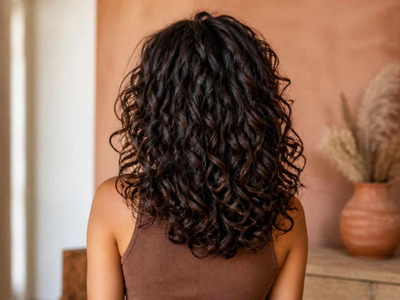 A rounded perimeter on a 3A curly shag seen from behind