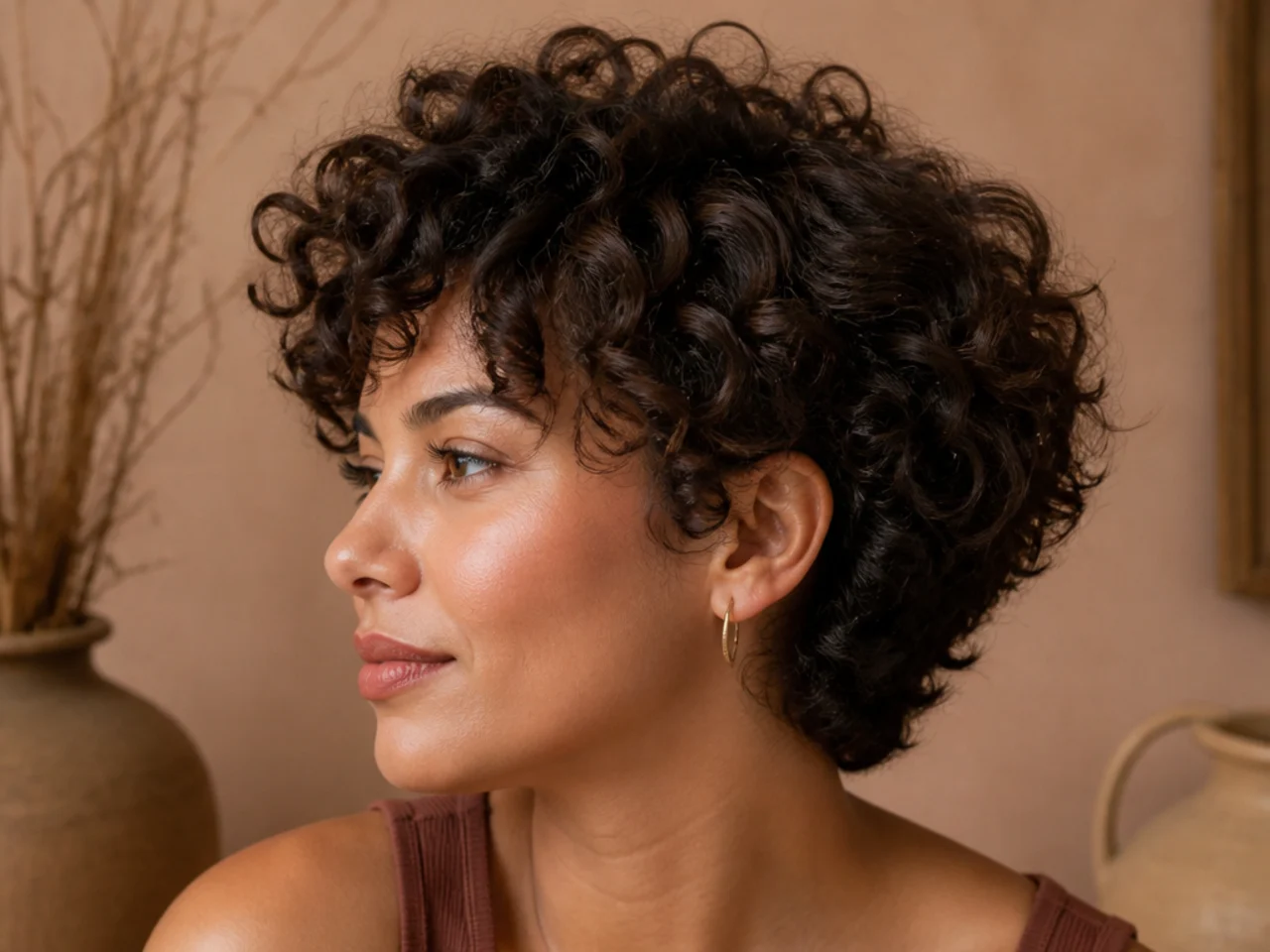 High layers cut above the ear on dense 3B spiral curls