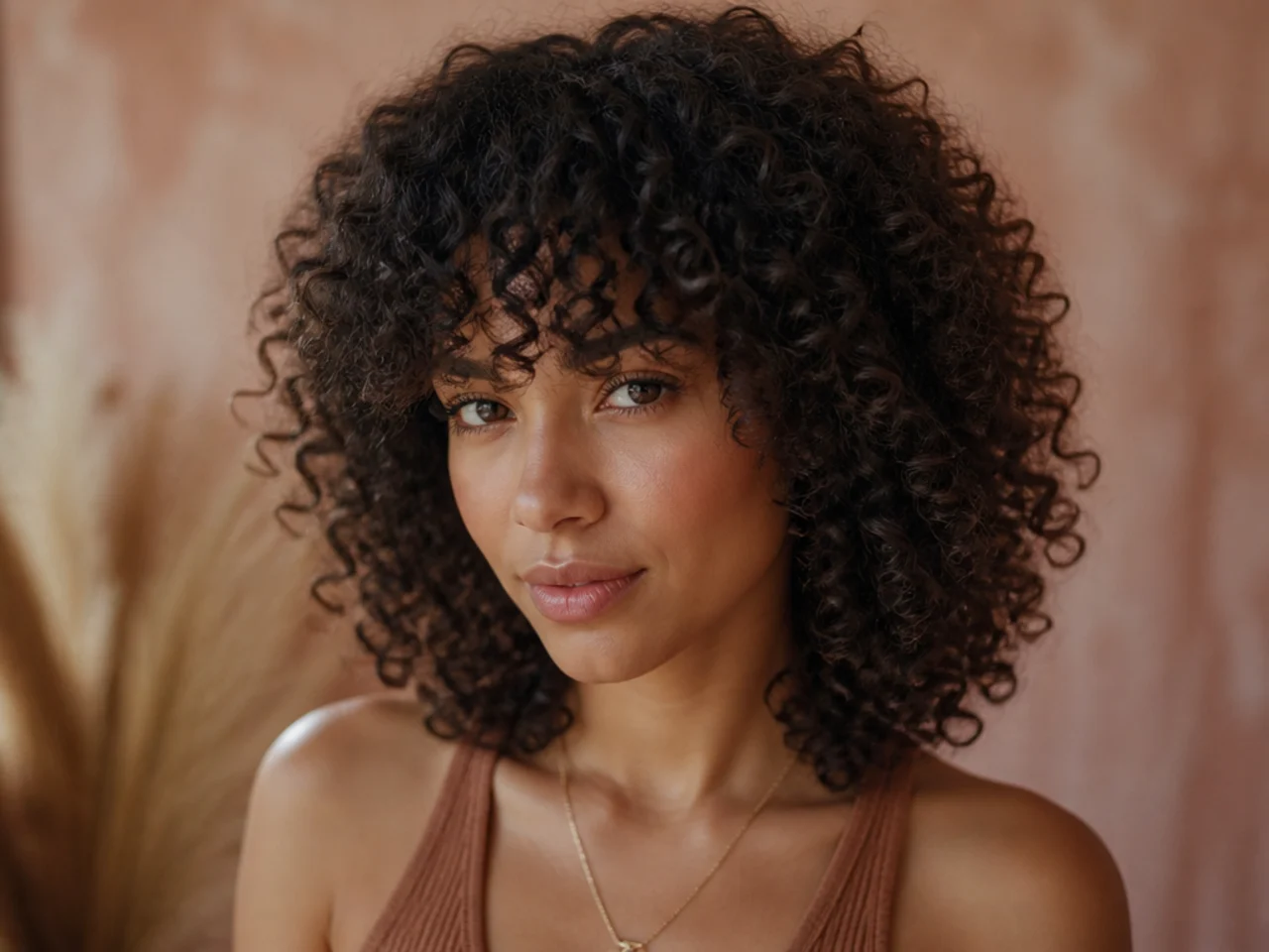 A curly fringe sitting at the brow on 3C hair