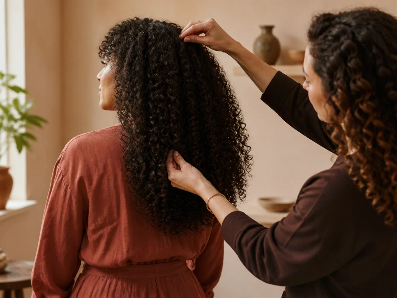 A stylist checking layer height against the widest point of curly hair