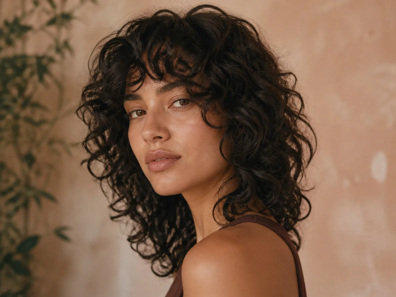 Three-quarter view of a defined curly shag haircut